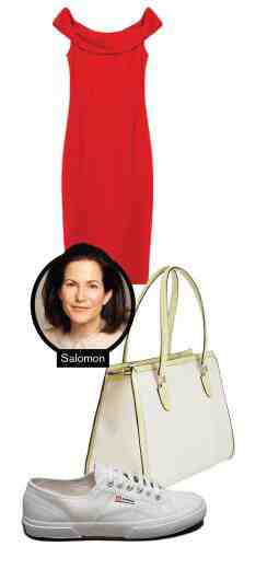 Credit: Zara mid-length tube dress; Valextra canvas tote; Supergas white canvas shoes