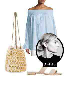 Credit: MM6 off-shoulder top (Neiman Marcus); Barneys double-band suede slides; Jerome Dreyfus nestor bag