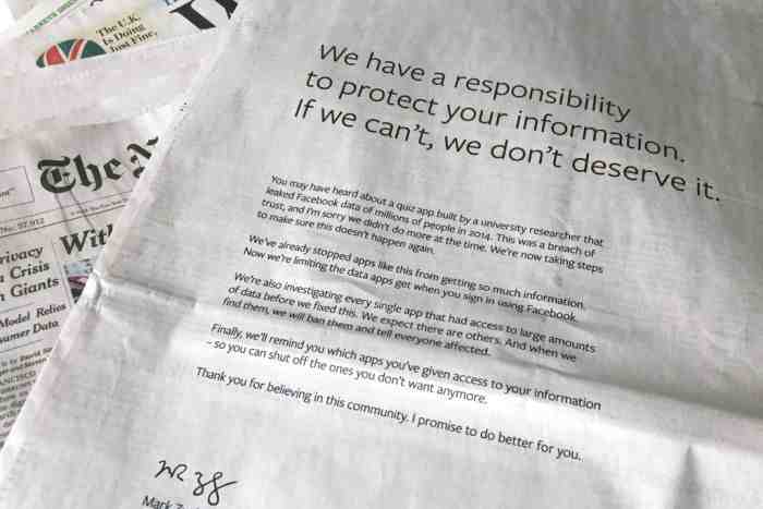 Facebook issues apology, in print