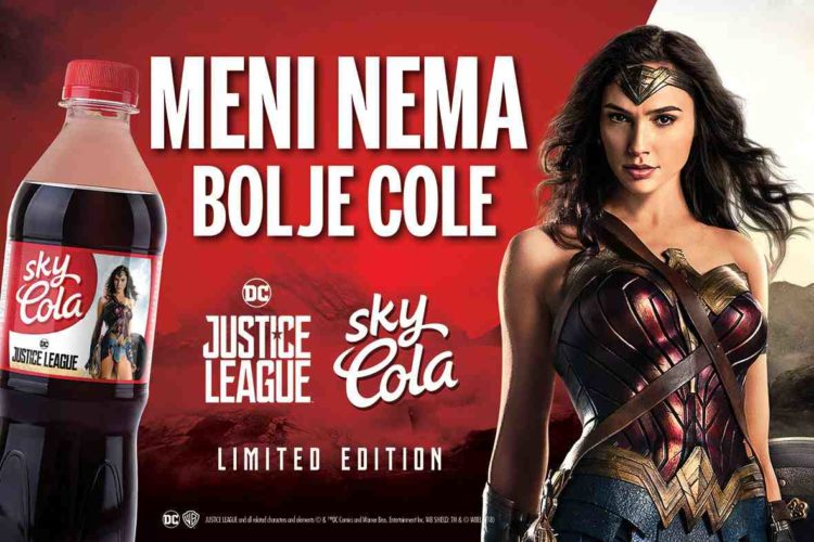 Justice League superheroes on labels of Sky Cola
