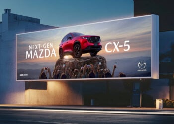 Contemporary retail space with a blank white billboard, ; Shutterstock ID 2613275479; purchase_order: TBC; job: Mazda; client: Mazda; other: Rogan Briggs