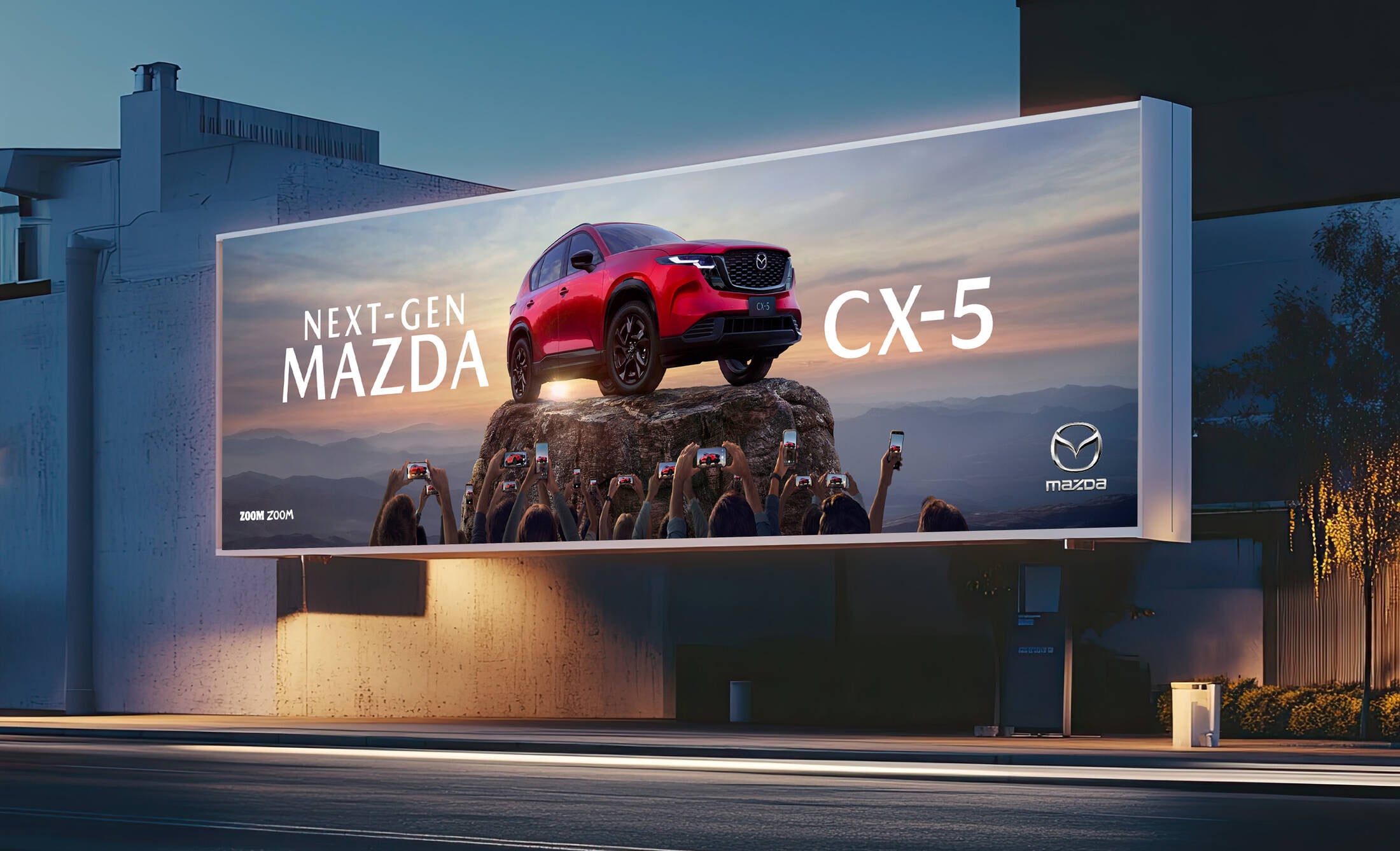 Contemporary retail space with a blank white billboard, ; Shutterstock ID 2613275479; purchase_order: TBC; job: Mazda; client: Mazda; other: Rogan Briggs